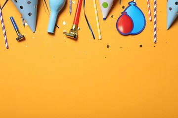 Flat lay composition with party items on orange background, Space for text