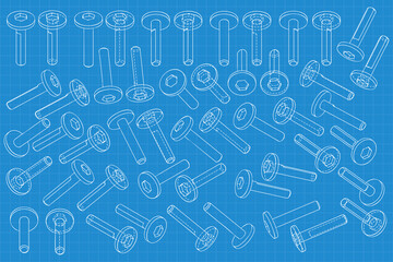 Mechanical engineering drawings on blue background. Cutter, assembly tool with replaceable multi-faceted plate. Technical Design. Cover. Blueprint. Vector illustration.
