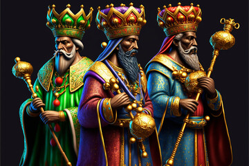 Obraz premium Illustration of isolated three kings men wearing traditional colorful tunics and beautiful crowns while holding wands and gifts. January 6th Kings day concept.