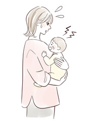 泣いている赤ちゃんと抱っこするお母さん