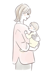 笑顔で赤ちゃんを抱っこするお母さん