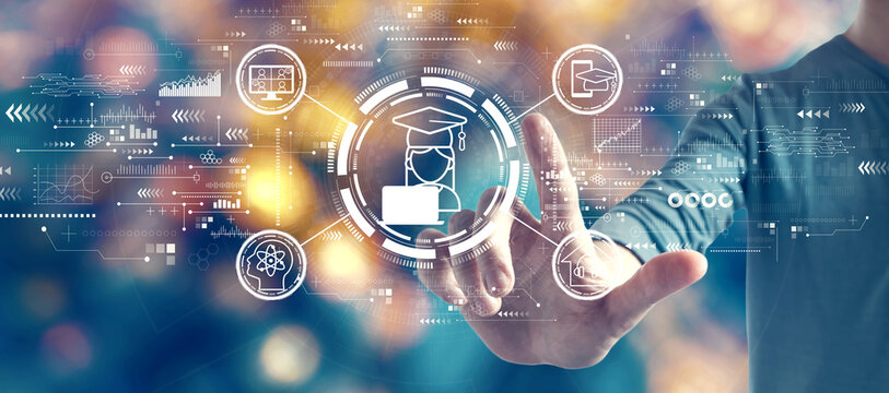 Distance learning theme with man on blurred blue city light background