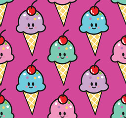 cute Kawaii ice cream cone seamless pattern vector