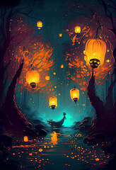 Dreamlike landscape with soft glow of glowing lanterns of sparkling colors over the ground. the ethereal beauty of the lanterns, Generative Ai of Glowing lantern Landscape Background