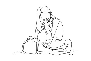 Single one line drawing Unhealthy woman blowing nose suffer from flu or cold. Fever and flu concept concept. Continuous line draw design graphic vector illustration.