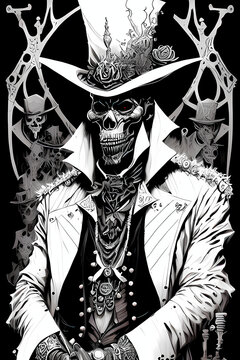 A fantasy board game card/colouring book page: Baron Samedi. Voodoo spirit, Lwa, sorcerer/warlock. Spells and magic. AI-generated
