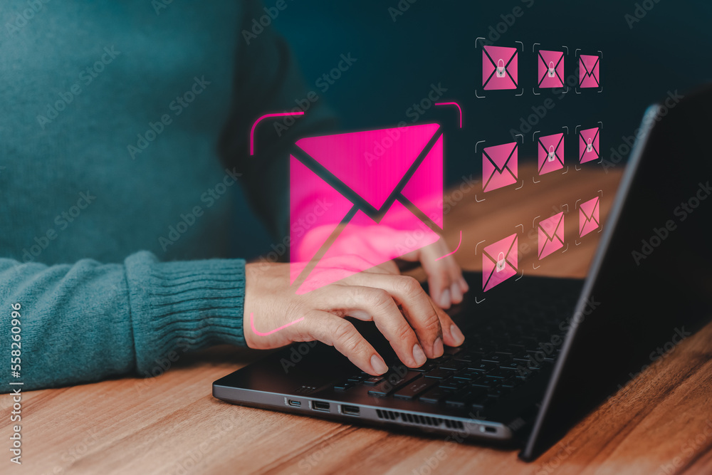 Poster Freelancer's hand using computer laptop and sending online message with email icon, email marketing concept, send email or newsletter, internet network working online.