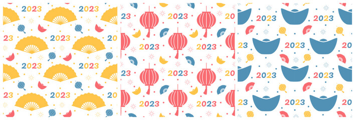 Set of Chinese Lunar New Year 2023 Days Seamless Pattern Decoration Template Hand Drawn Cartoon Flat Illustration