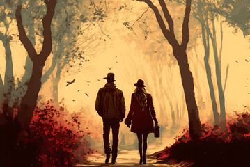 Silhouette of a couple walking amongst the trees, generative AI