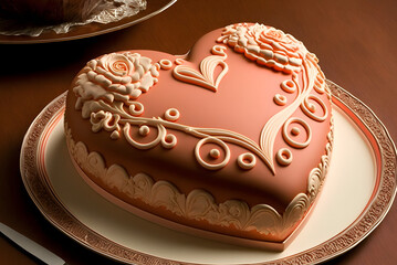 Heart shaped cake with decorative icing, generative AI