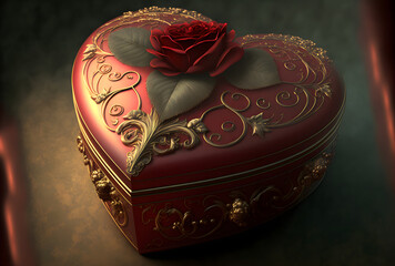 Valentine's Day decorative heart shaped gift box with rose, generative AI
