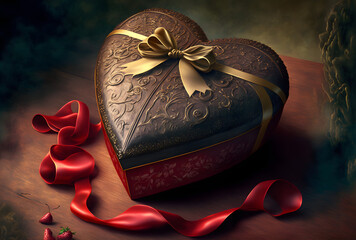 Valentine's Day decorative heart shaped gift box with bow, generative AI