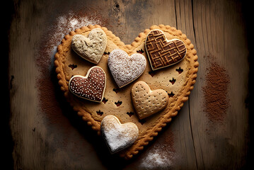 Heart shaped cookies on wooden background, generative AI