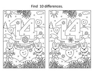Valentine's Day difference game and coloring page with 14 February text and cute little bunnies
