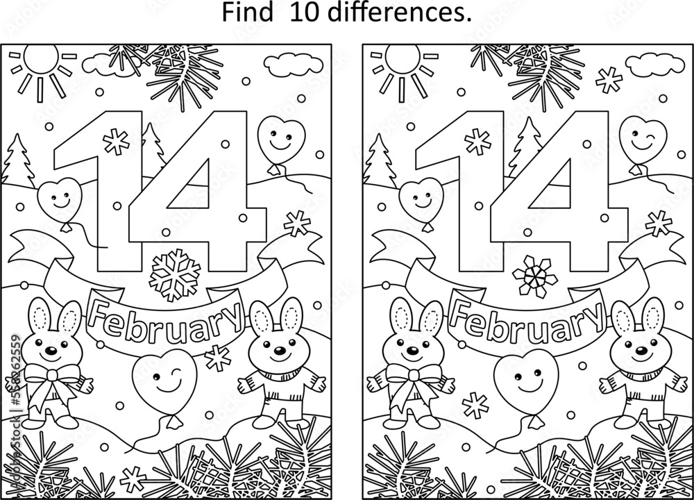 Wall mural valentine's day difference game and coloring page with 14 february text and cute little bunnies