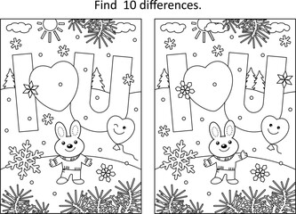 Valentine's Day difference game and coloring page with I Love You message and cute little bunny
