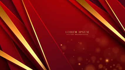 Diagonal golden line with shiny dots effect element and bokeh decoration on red background. Luxury style vector design