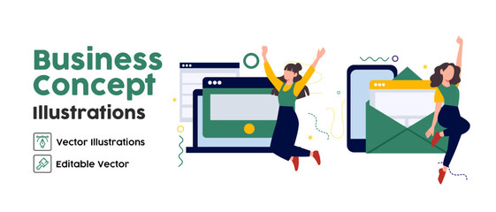 Business Concept illustrations. set Collection of scenes with women taking part in business activities. Vector illustration