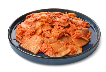 Plate of delicious kimchi with Chinese cabbage isolated on white