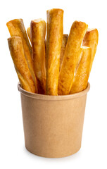 Butter breadstick or long pastry in paper bucket isolate on white white clipping path.