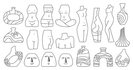 Vase female shape outline modern set. Woman body form sculpture doodle vases. Boho elegant pitcher, linear ceramic simple jug. Figures woman bodies, bust vessel hand drawn vector