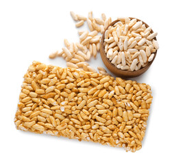 Puffed rice bar (kozinaki) isolated on white, top view