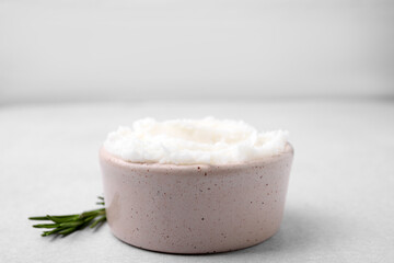 Delicious pork lard in bowl on light table