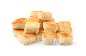 Pile of delicious crispy croutons on white background