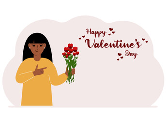 A happy woman holds a bouquet of flowers in his hand. Next to the text Happy Valentine's Day. Concept for postcard, congratulations, banner or poster.