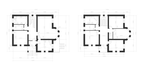 Architectural plan of a two-storey manor house with a terrace. The layout of an individual two-storey house with three bedrooms, kitchen, living room, two bathrooms, dressing rooms and pantries.