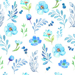 Watercolor seamless pattern with abstract blue flowers, leaves, branches, berries. Hand drawn floral illustration isolated on white background. For packaging, wrapping design or print.