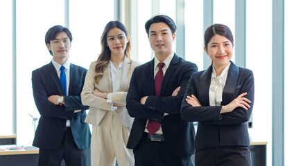 Millennial Asian young professional successful male female businessmen businesswomen in formal suit...