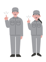 指差しをする作業服の男女のイラスト