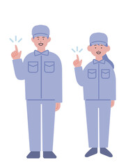 指差しをする作業服の男女のイラスト