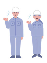 案内をする作業服の男女のイラスト
