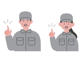 指差しをする作業服の男女のイラスト