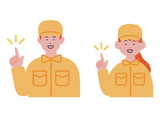指差しをする作業服の男女のイラスト