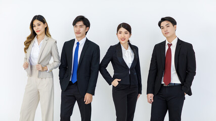 Portrait studio full body shot Asian young professional successful male female businessmen businesswomen management group in formal suit standing smiling posing showing thumb up on white background