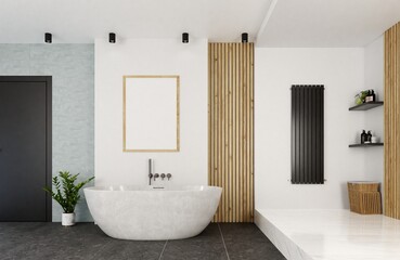 frame mockup with bathroom environment. white wooden bathtub, and ornamental plants