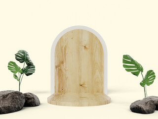 wood podium mockup rendering with a plant growing in a rock