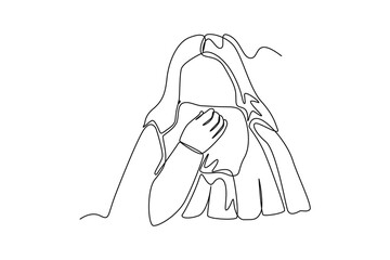Continuous one line drawing Sick little girl use tissue to sneeze. Healthcare concept. Single line draw design vector graphic illustration.