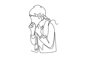 Continuous one line drawing Sick boy with cough. Healthcare concept. Single line draw design vector graphic illustration.