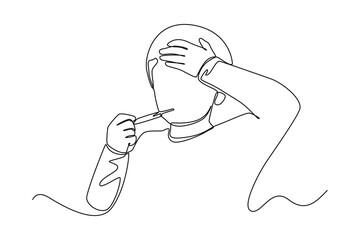 Continuous one line drawing little boy high fever with towel over his head. Healthcare concept. Single line draw design vector graphic illustration.