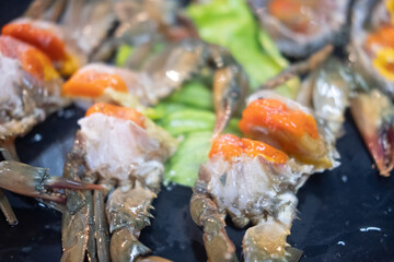 Dish of Thai seafood, Pickled raw fresh crab eggs you can dipping with seafood spicy sauce. Delicious menu and luxurious