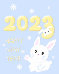 2023 card with snowflakes and rabbits