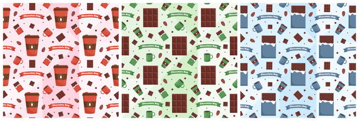 Set of Chocolate Seamless Pattern Design with Choco Decoration in Template Hand Drawn Cartoon Illustration