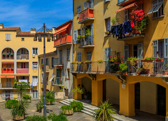 Old traditional houses in the Old Town Vielle Ville, Nice in the South of France