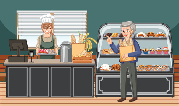 Bakery shop interior with seller and customer