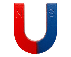 Magnet. Magnet horseshoe. Physics science kids magnet for education, experiment, school and home. Magnet with N north, S south pole. Red and Blue color. Macro high resolution on white background. © artiom.photo