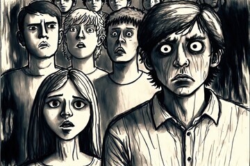 A Drawing Sketch of a Group of Scared People iin Fear or Panic, in Black and White.